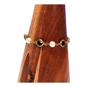 Vintage Faux Pearl & Acrylic Faceted Stones Gold Tone Bracelet Retro Mid Century